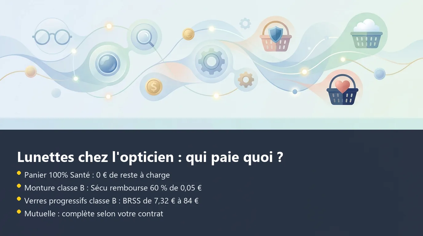 Lunettes chez l'opticien : qui paie quoi ? Infographie décomposant le remboursement d'une paire de lunettes selon le panier 100% Santé ou le panier libre