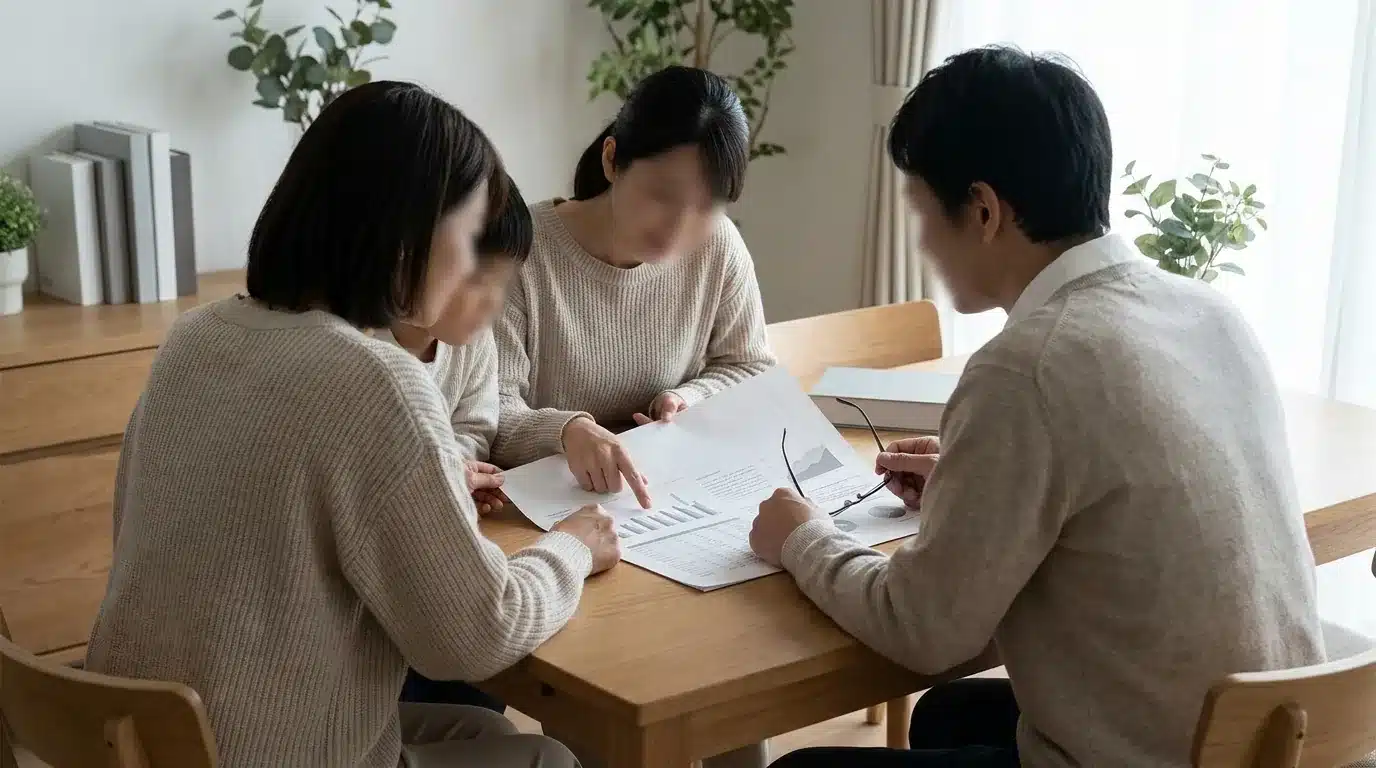 Famille consultant un document de mutuelle santé autour d'une table