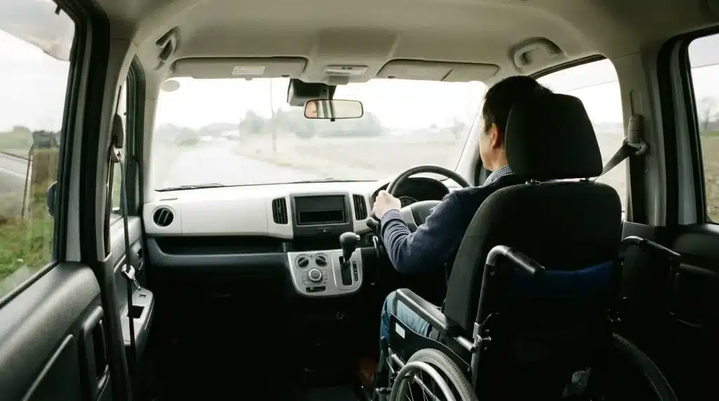 Personne en situation de handicap au volant d'un véhicule adapté, vue intérieure sobre