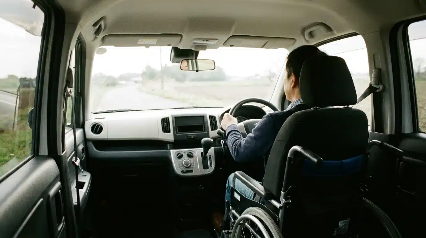 Personne en situation de handicap au volant d'un véhicule adapté, vue intérieure sobre