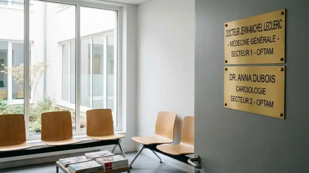 Salle d'attente d'un cabinet médical sobre avec plaque indiquant le secteur conventionnel
