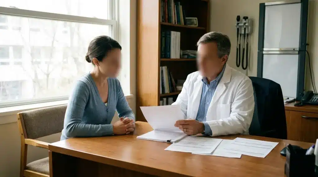 Médecin spécialiste en consultation avec un patient, documents médicaux sur le bureau