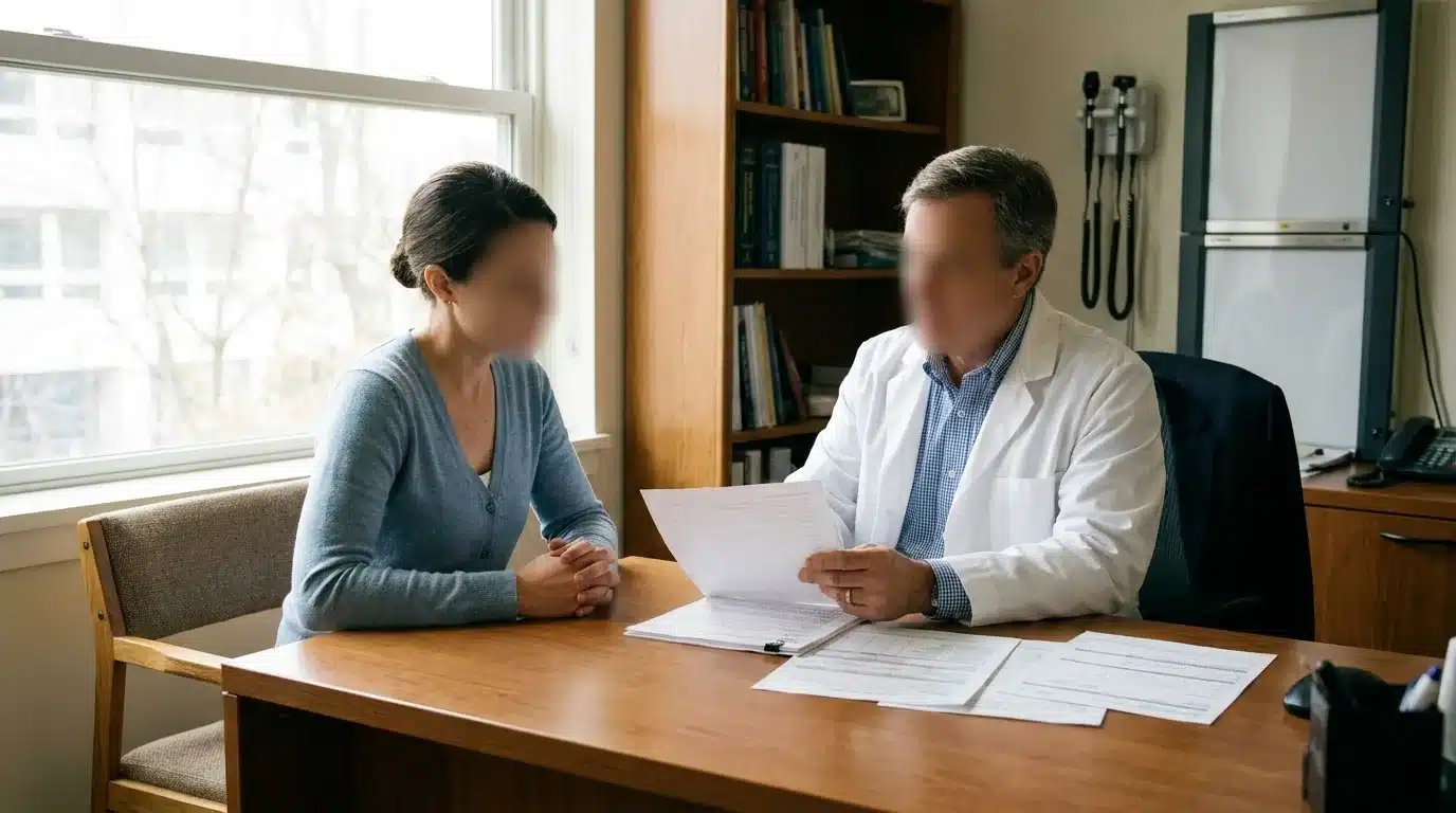 Médecin spécialiste en consultation avec un patient, documents médicaux sur le bureau