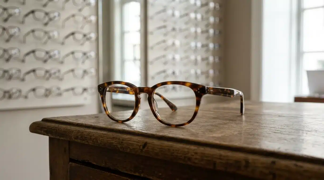 Paire de lunettes posée sur un comptoir d'opticien avec des présentoirs de montures en arrière-plan
