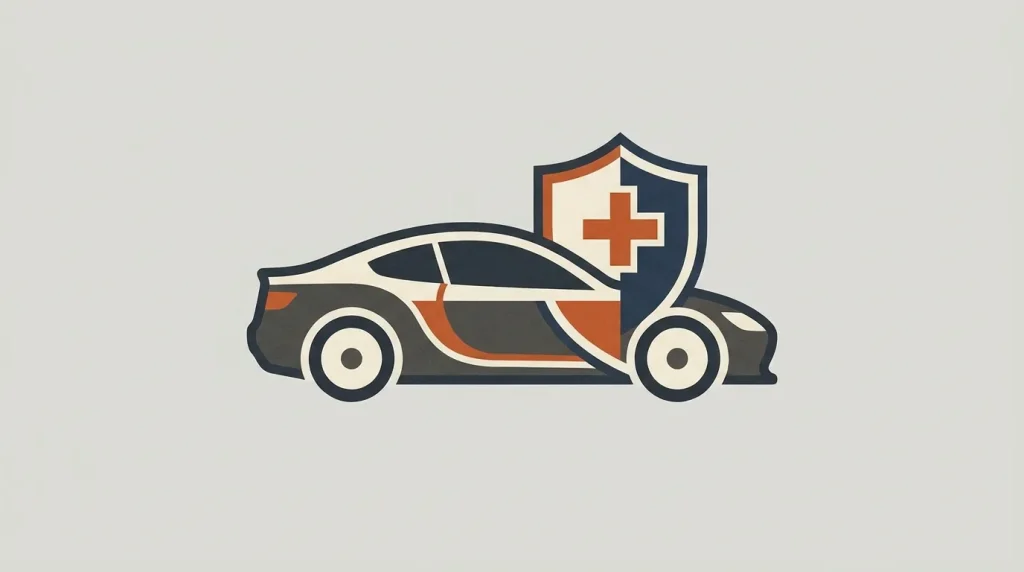 Pictogramme symbolisant une mutuelle d'entreprise dans le secteur automobile, avec bouclier santé et silhouette de véhicule