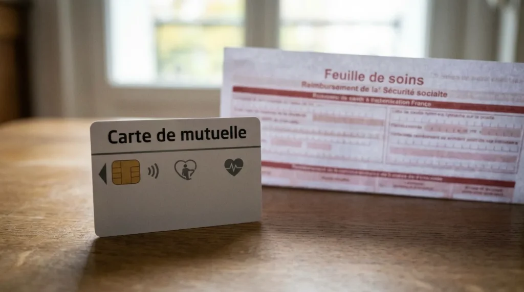 Carte de mutuelle posée sur une feuille de remboursement Sécurité sociale