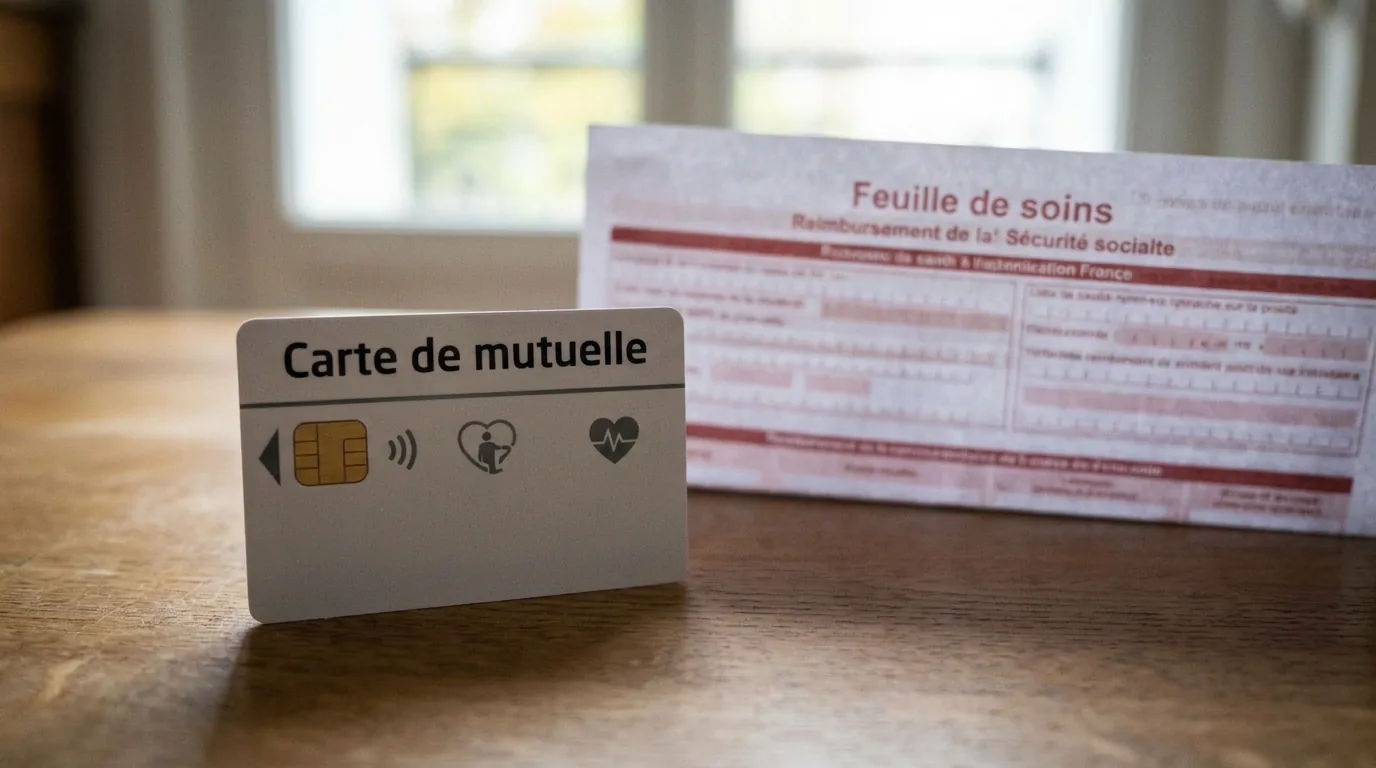 Carte de mutuelle posée sur une feuille de remboursement Sécurité sociale