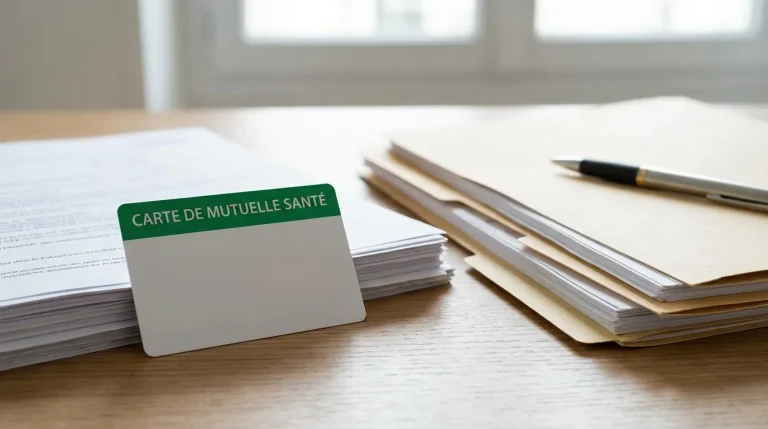 Carte de mutuelle santé posée sur des documents administratifs, lumière naturelle