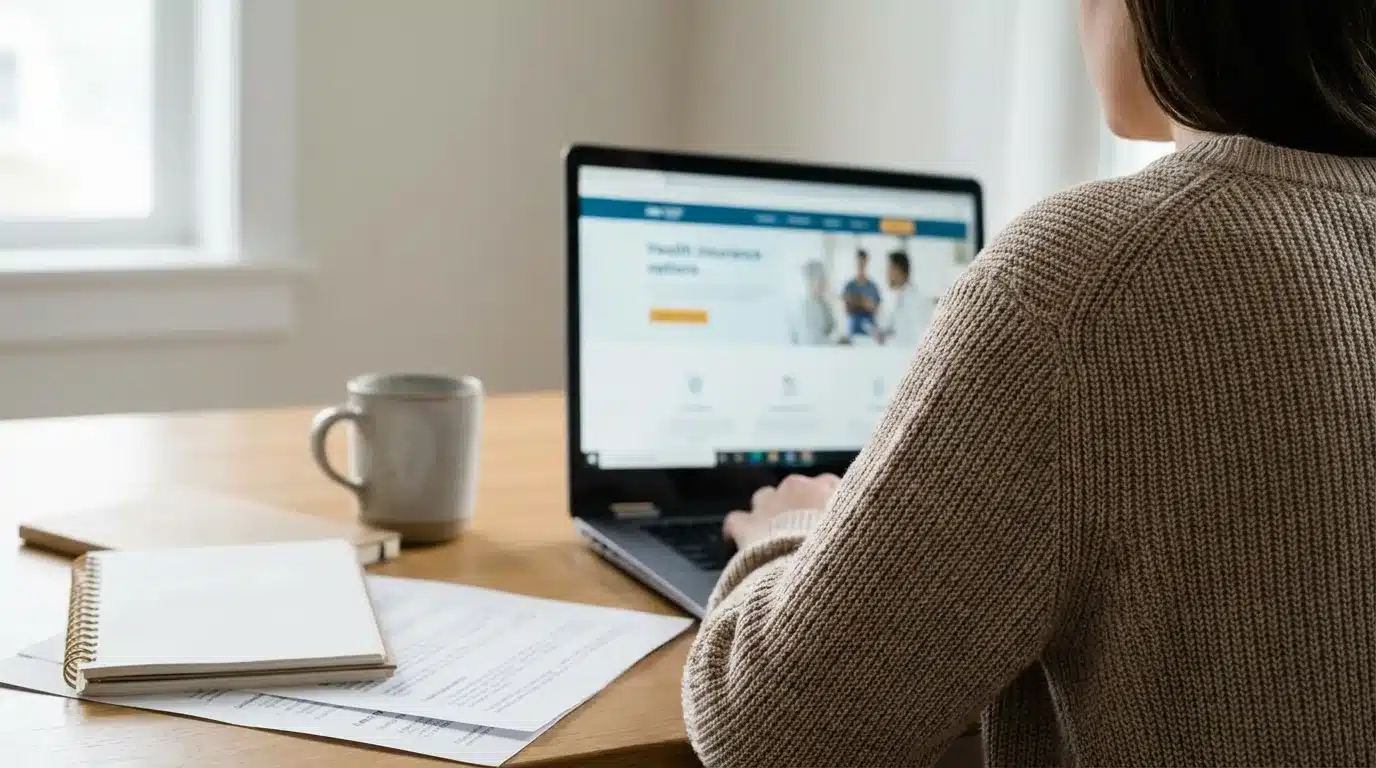 Auto-entrepreneur consultant son ordinateur pour étudier les options de mutuelle santé