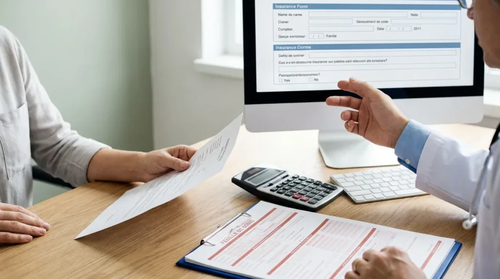 Remboursement consultation médecin : dossier médical et documents de mutuelle sur un bureau