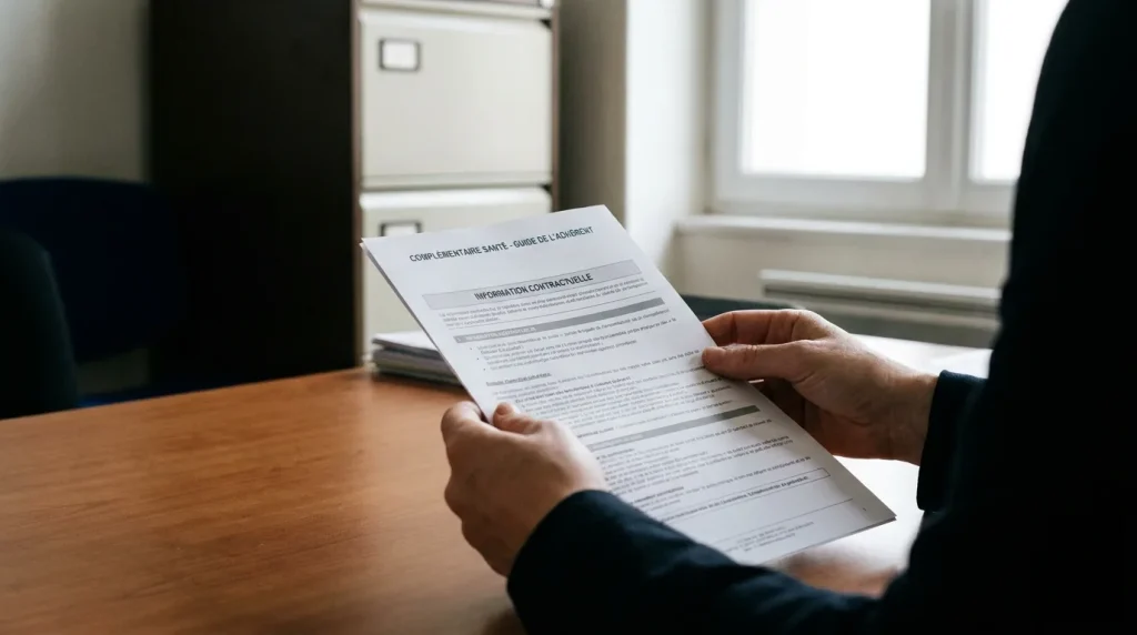 Enseignant contractuel consultant un document relatif à sa complémentaire santé dans un contexte professionnel