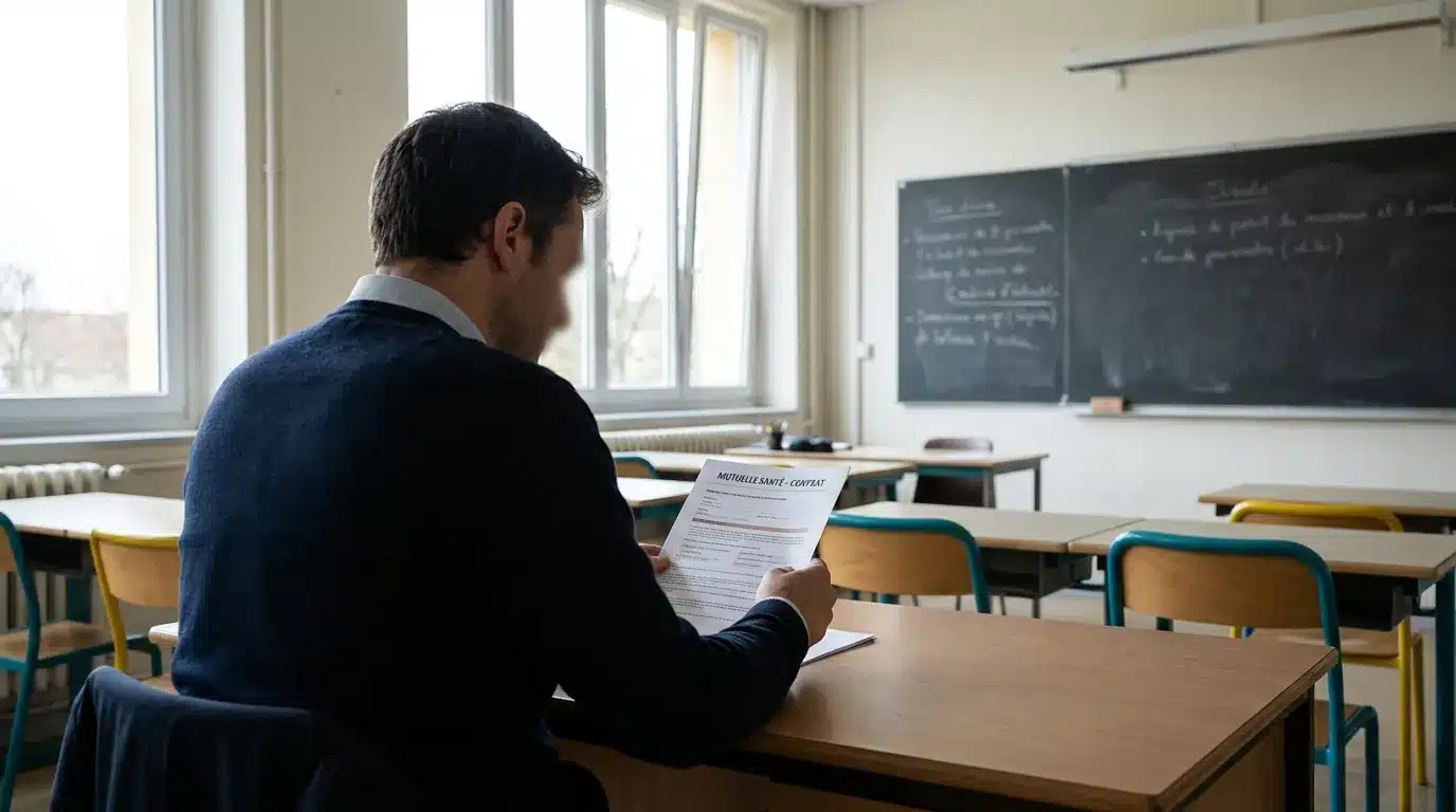 Enseignant consultant un document sur sa complémentaire santé en salle de classe