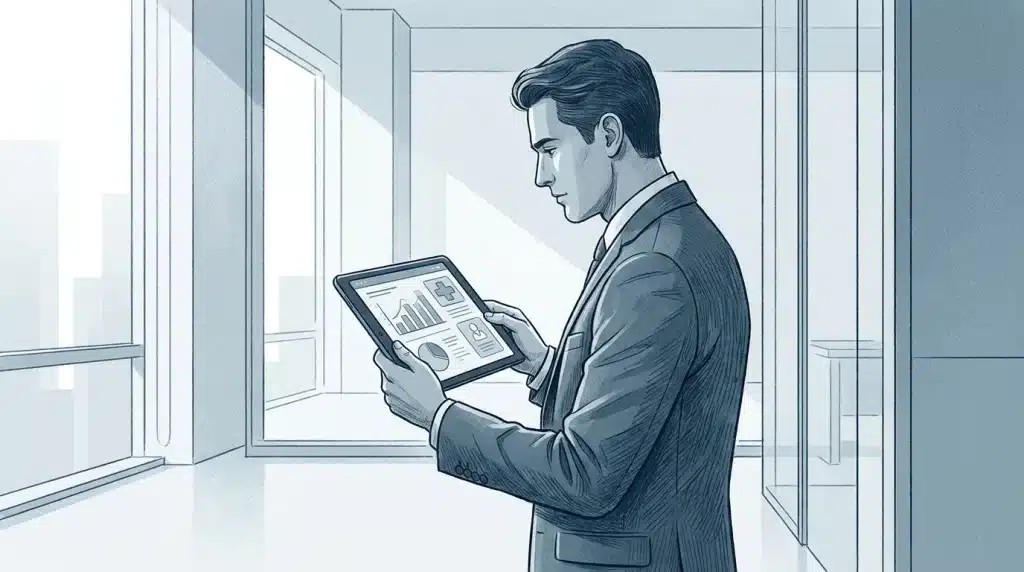 Salarié consultant des documents de couverture santé d'entreprise sur une tablette
