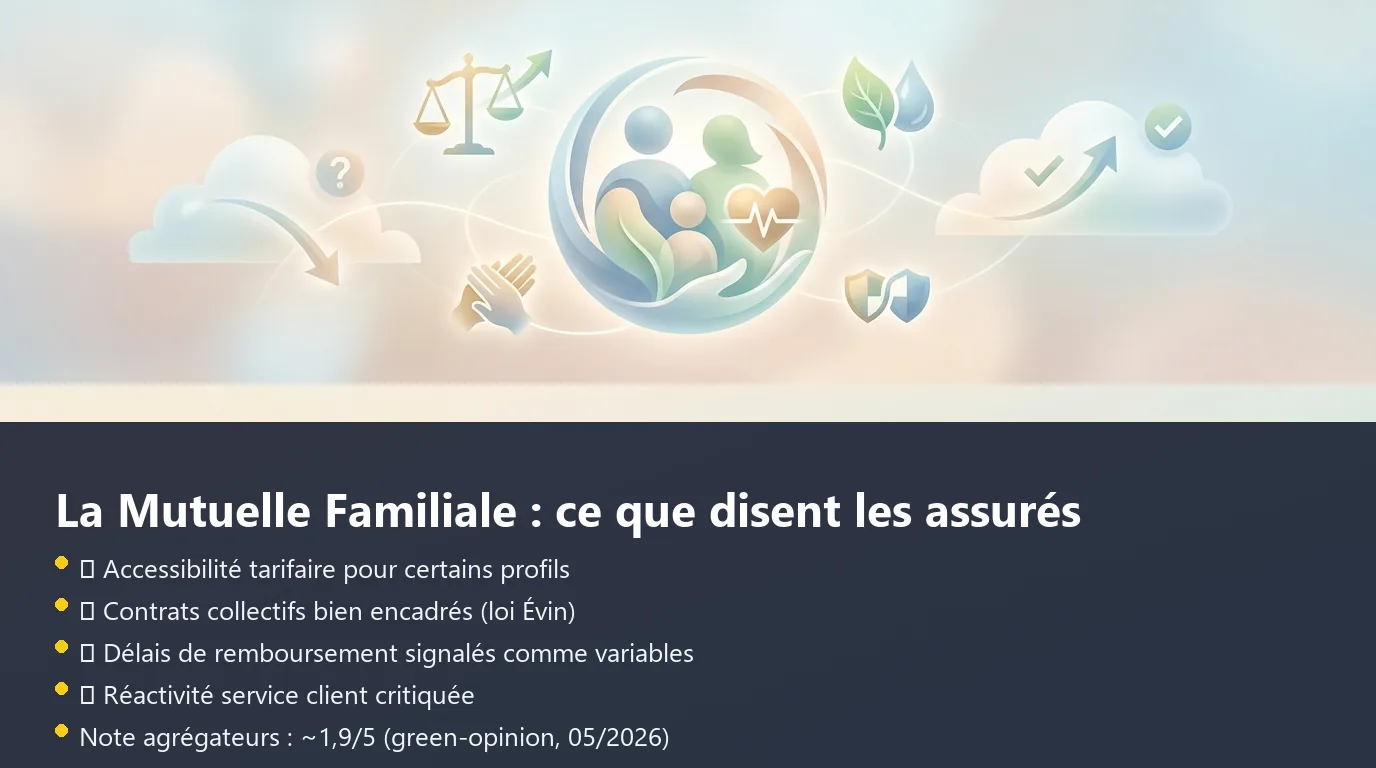 La Mutuelle Familiale : synthèse des avis assurés Infographie synthétisant les points forts et points faibles de La Mutuelle Familiale selon les avis assurés