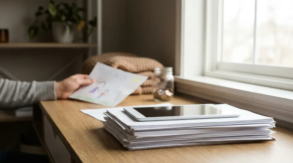 Famille consultant un document sur la mutuelle économique à domicile
