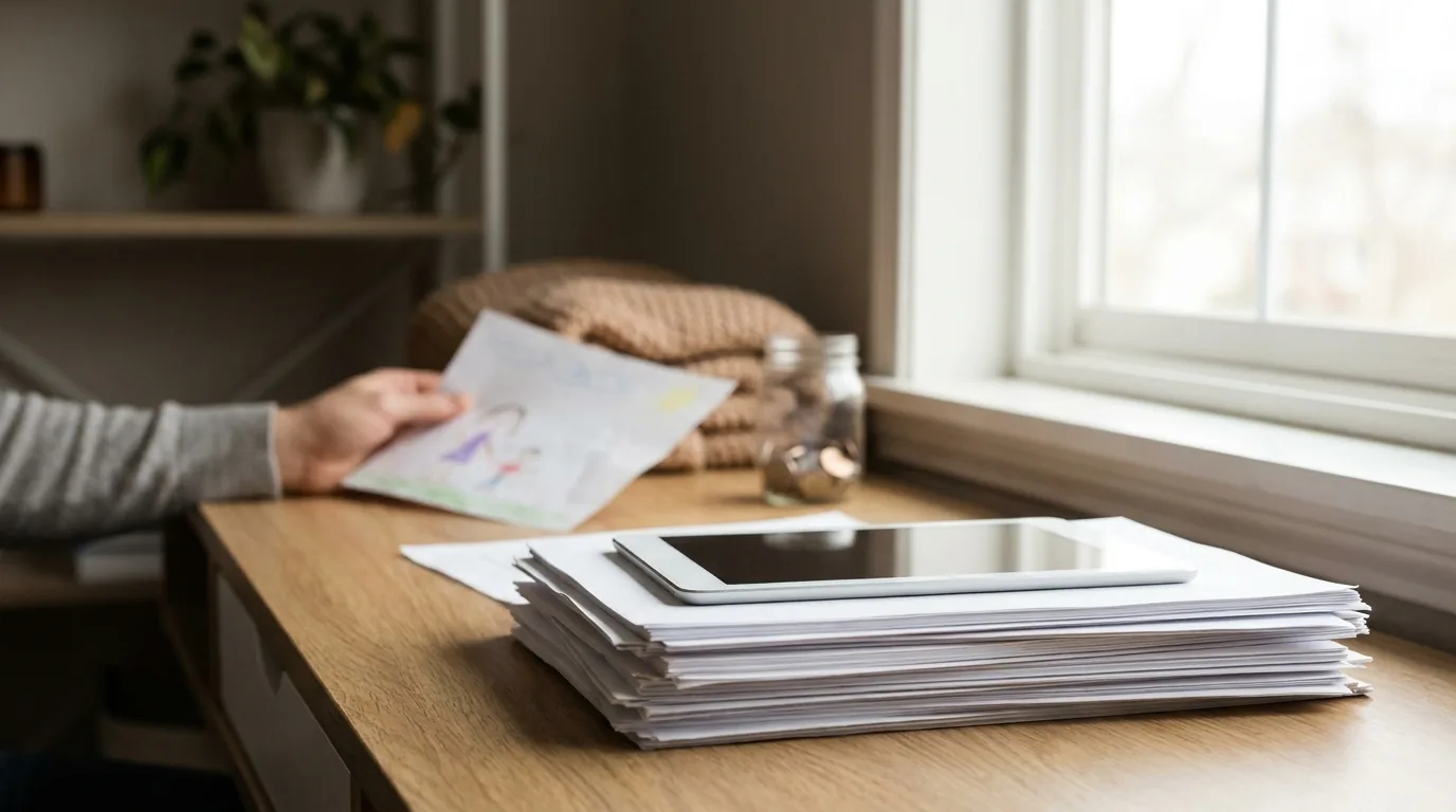 Famille consultant un document sur la mutuelle économique à domicile