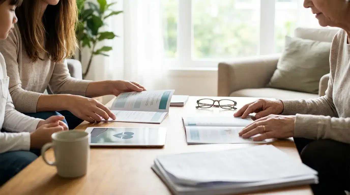 Famille réunie autour d'une table examinant des documents relatifs à une mutuelle santé