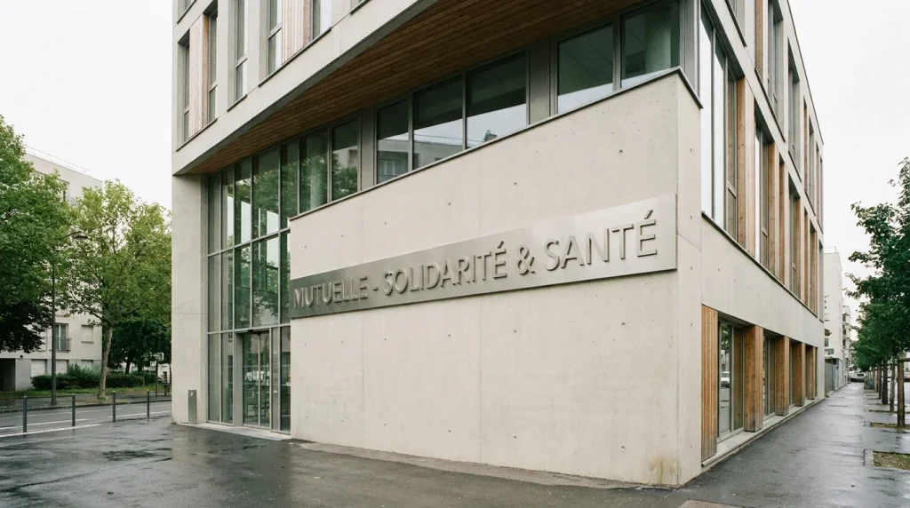 Bâtiment institutionnel sobre évoquant un organisme mutualiste, ambiance éditoriale neutre