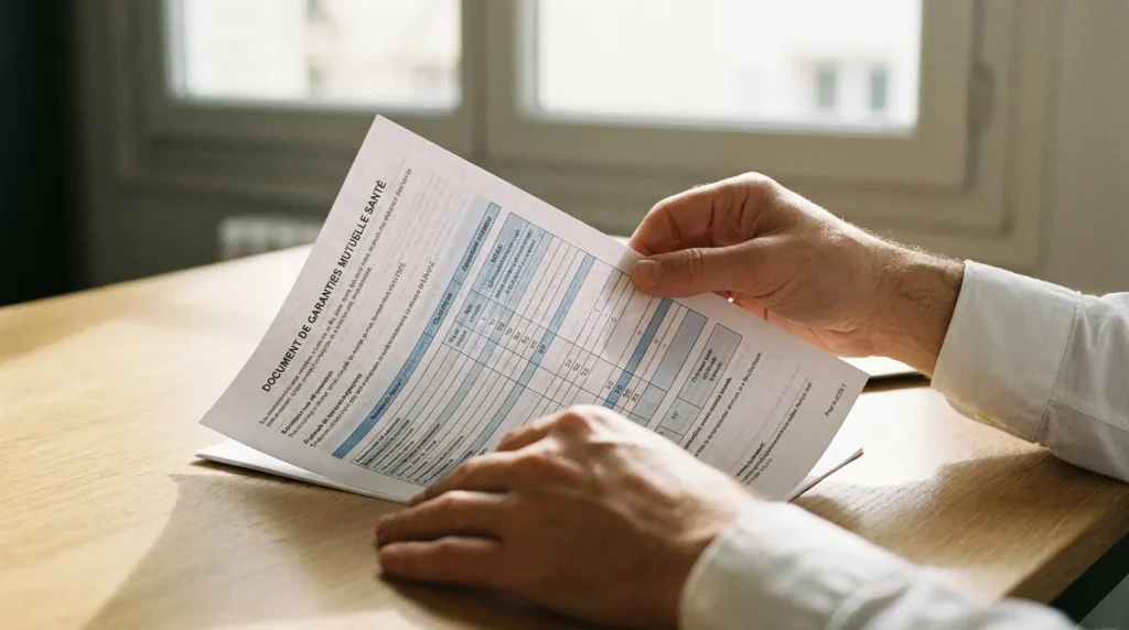 Salarié consultant un document de garanties mutuelle santé dans un bureau