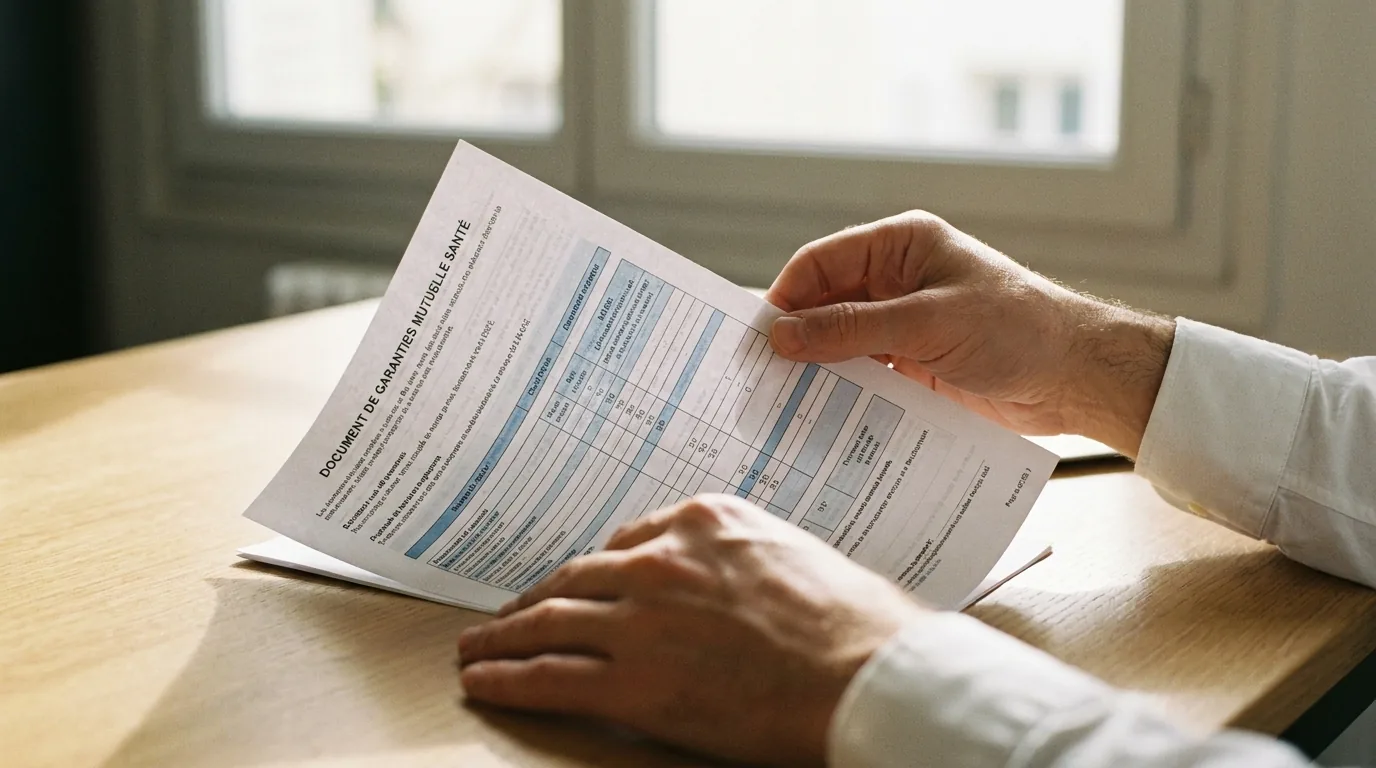 Salarié consultant un document de garanties mutuelle santé dans un bureau
