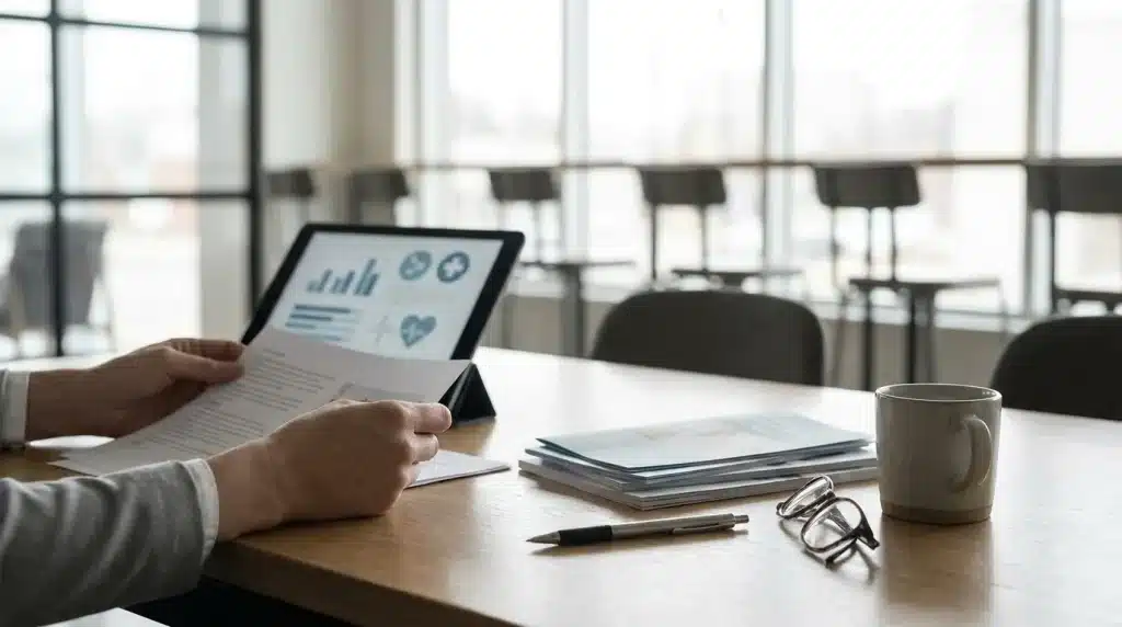 Professionnel indépendant consultant ses documents de protection sociale et mutuelle santé