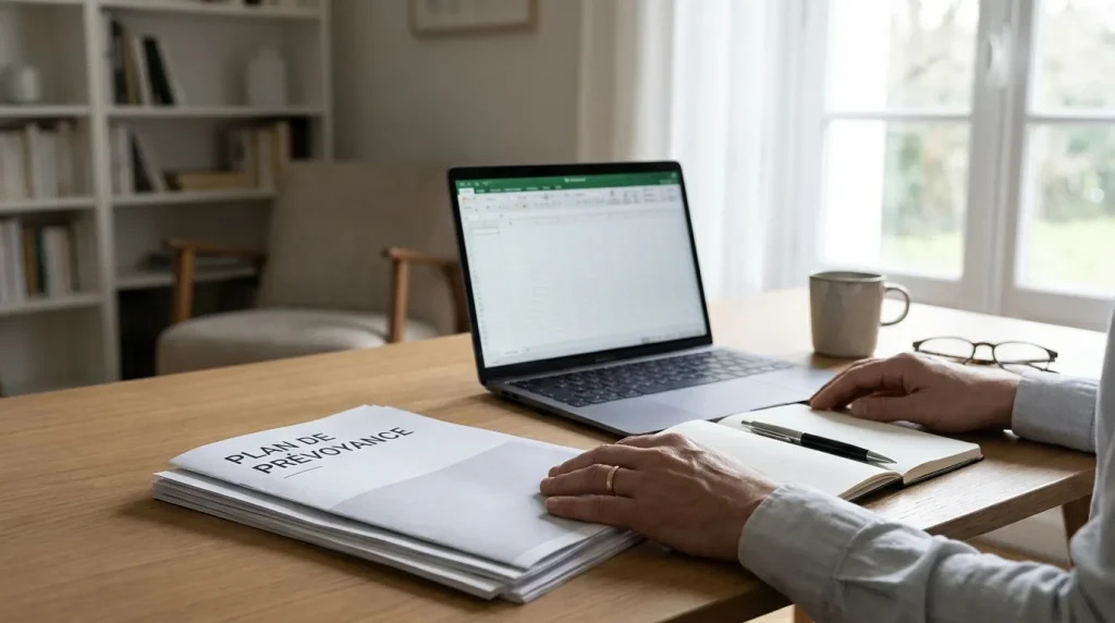 Travailleur indépendant à son bureau étudiant des documents de prévoyance et mutuelle