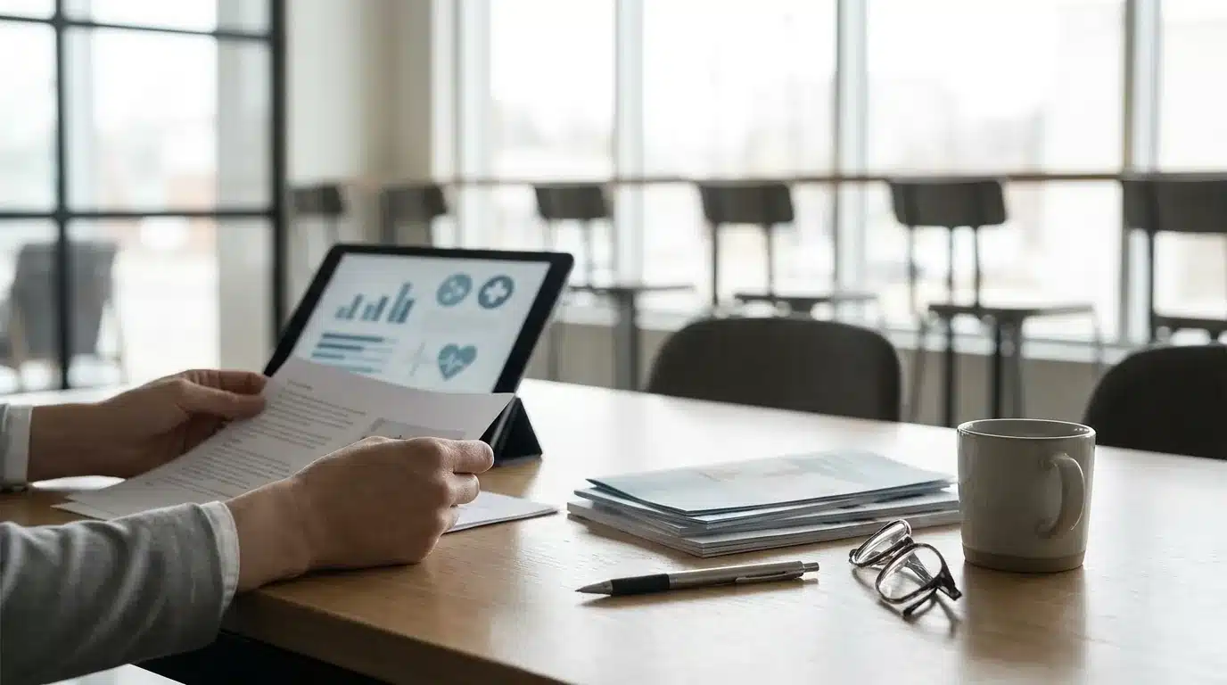 Professionnel indépendant consultant ses documents de protection sociale et mutuelle santé