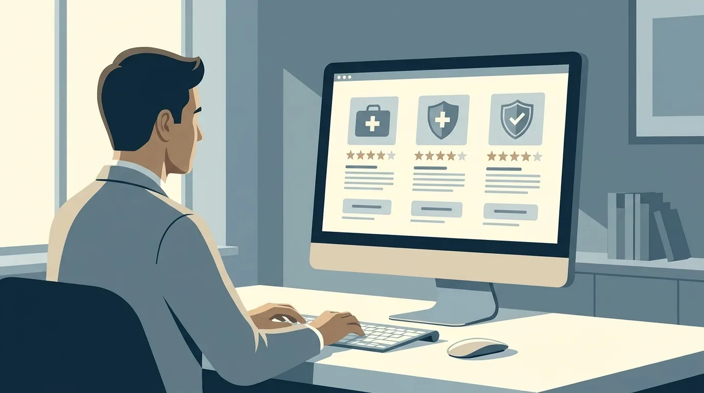 Personne consultant des avis en ligne sur un écran dans un contexte mutuelle santé sobre