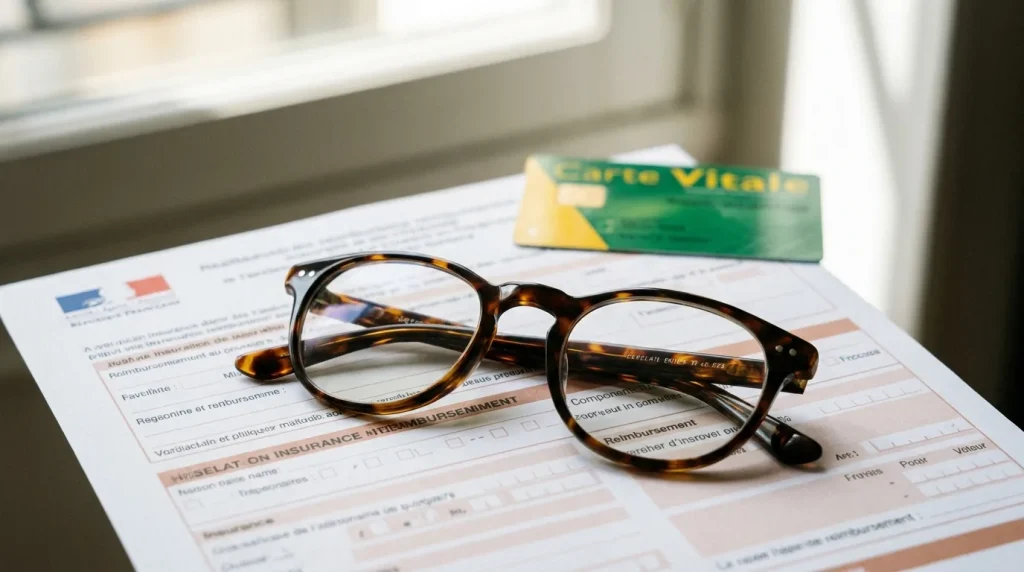 Paire de lunettes posée sur un formulaire de remboursement mutuelle avec une carte Vitale en arrière-plan