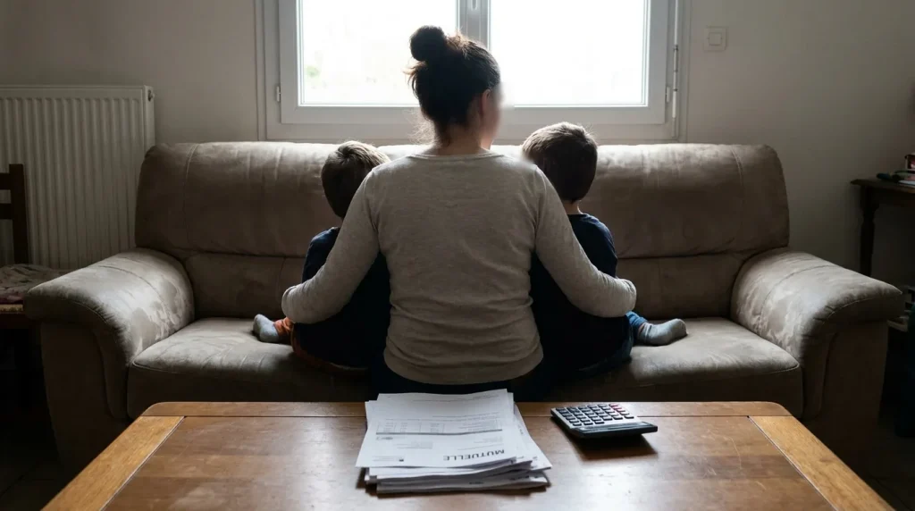 Parent isolé consultant des documents relatifs à une mutuelle santé pour couvrir sa famille