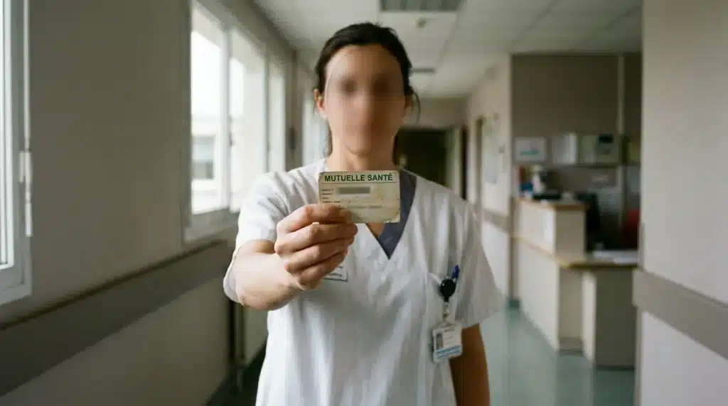 Agent hospitalier en tenue professionnelle tenant une carte mutuelle dans un couloir d'hôpital
