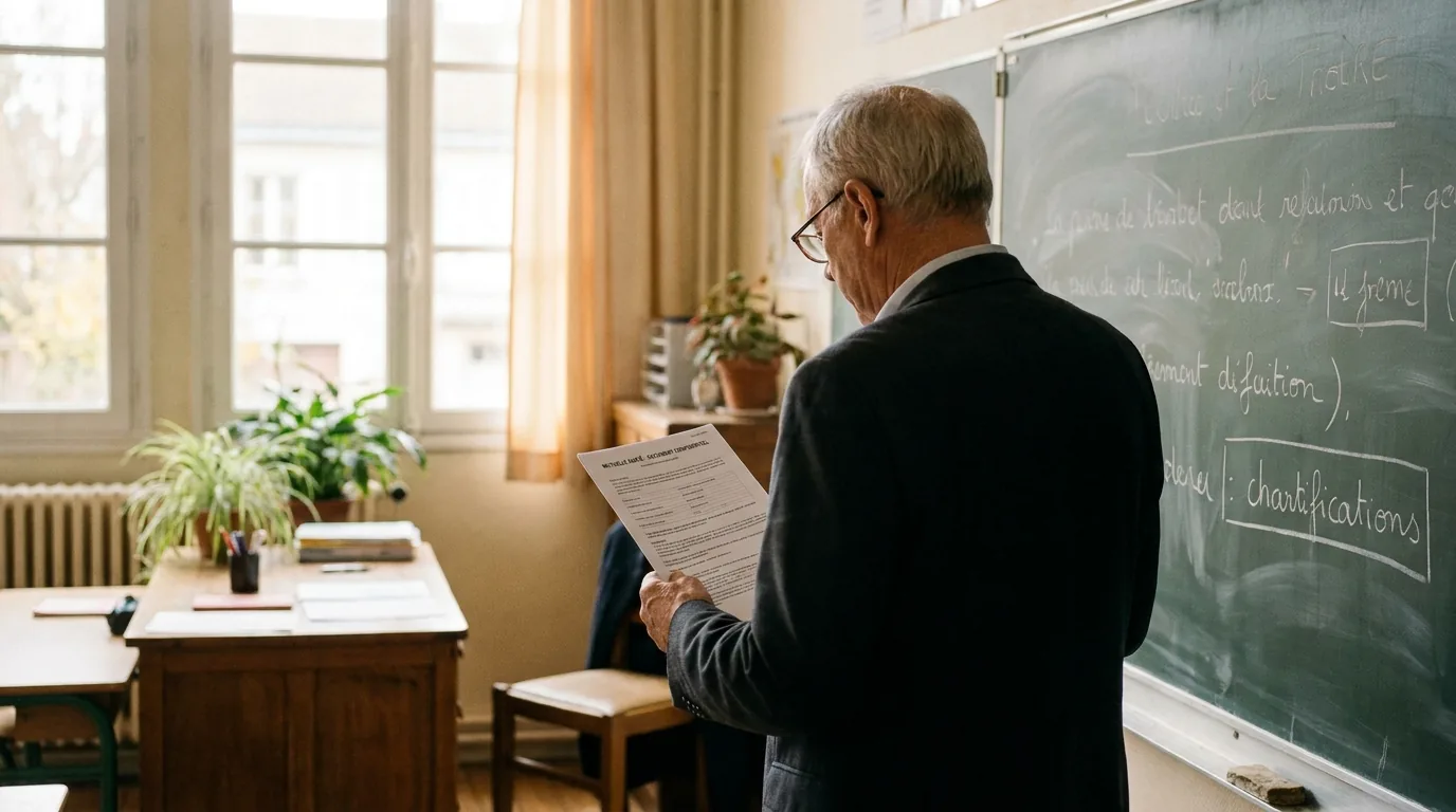 Enseignant devant un tableau de classe consultant un document sur sa mutuelle santé