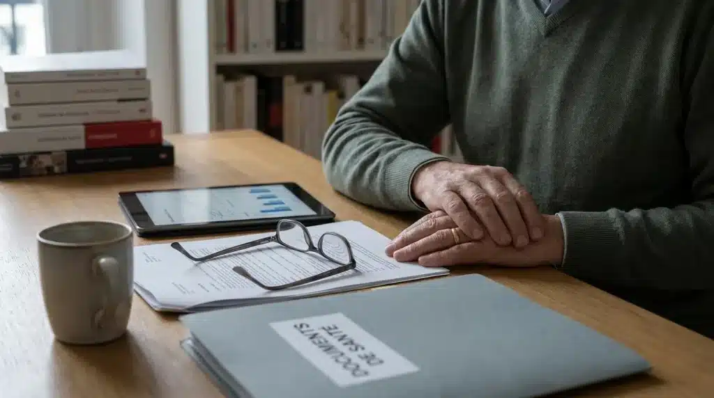 Retraité consultant ses documents de protection sociale et mutuelle santé à son domicile