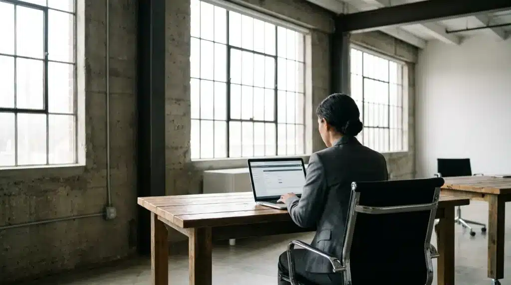 Salarié consultant son espace personnel de mutuelle sur un ordinateur portable dans un bureau industriel sobre