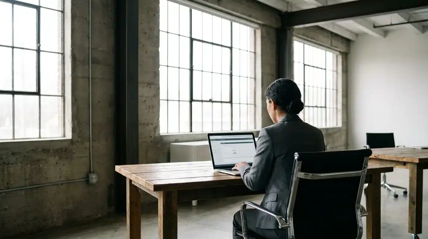 Salarié consultant son espace personnel de mutuelle sur un ordinateur portable dans un bureau industriel sobre