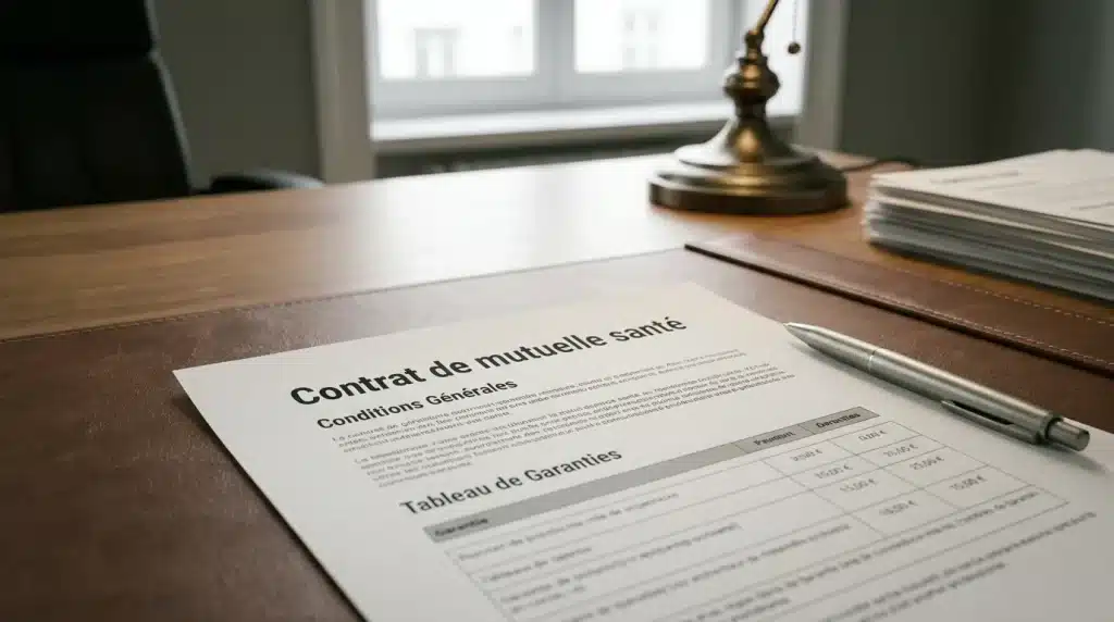 Contrat de mutuelle santé posé sur un bureau avec un stylo, contexte sobre et professionnel