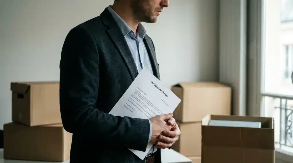 Salarié tenant un certificat de travail devant un bureau, dans un contexte de départ d'entreprise