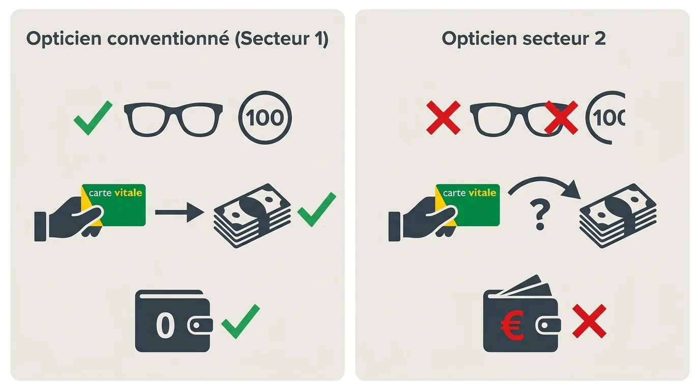 Schéma comparatif entre opticien conventionné secteur 1 et opticien secteur 2 selon les critères de remboursement