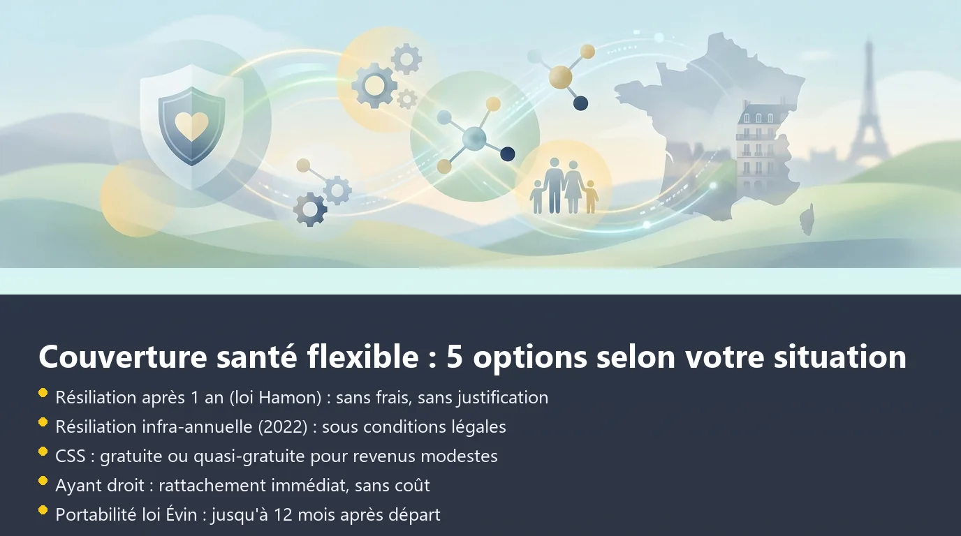Comparatif des cinq options de couverture santé flexible en France : loi Hamon, résiliation infra-annuelle, CSS, ayant droit, portabilité