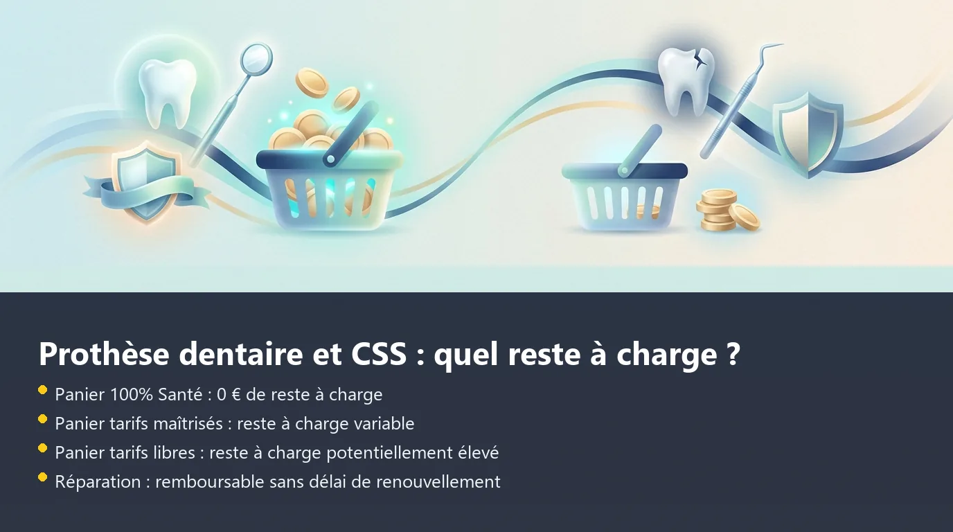 Infographie des 3 paniers de remboursement dentaire CSS avec indication du reste à charge pour chaque panier