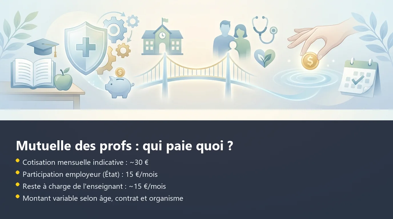 Mutuelle des profs : répartition de la cotisation mensuelle Infographie montrant la répartition du coût mensuel de la mutuelle entre l'État et l'enseignant