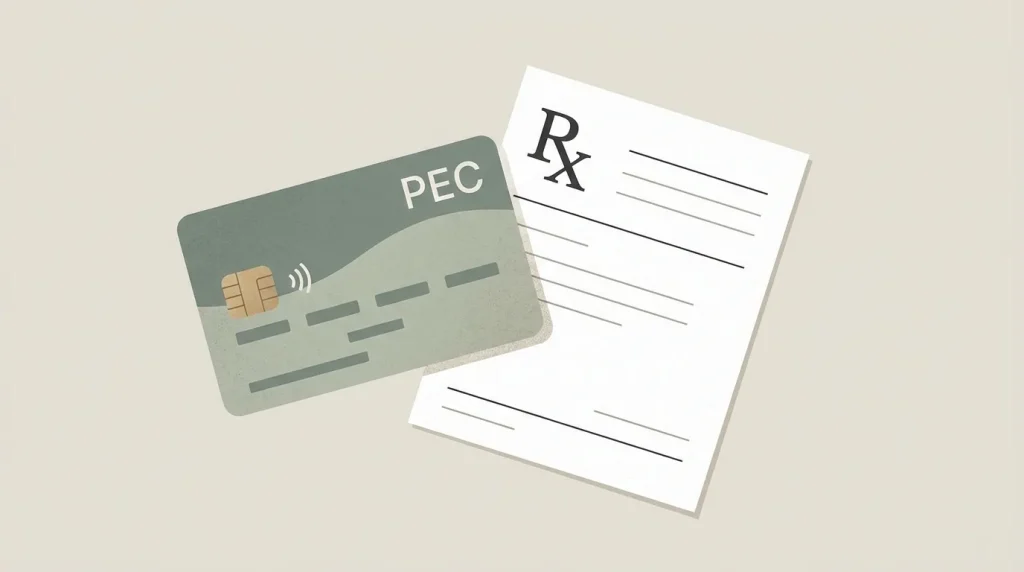 Carte de mutuelle mentionnant la PEC posée à côté d'une ordonnance médicale sur fond neutre clair