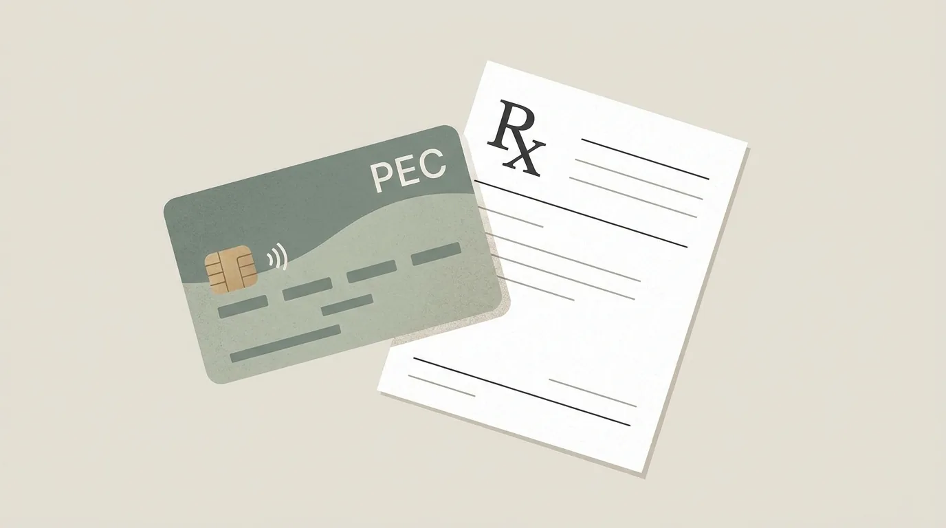Carte de mutuelle mentionnant la PEC posée à côté d'une ordonnance médicale sur fond neutre clair