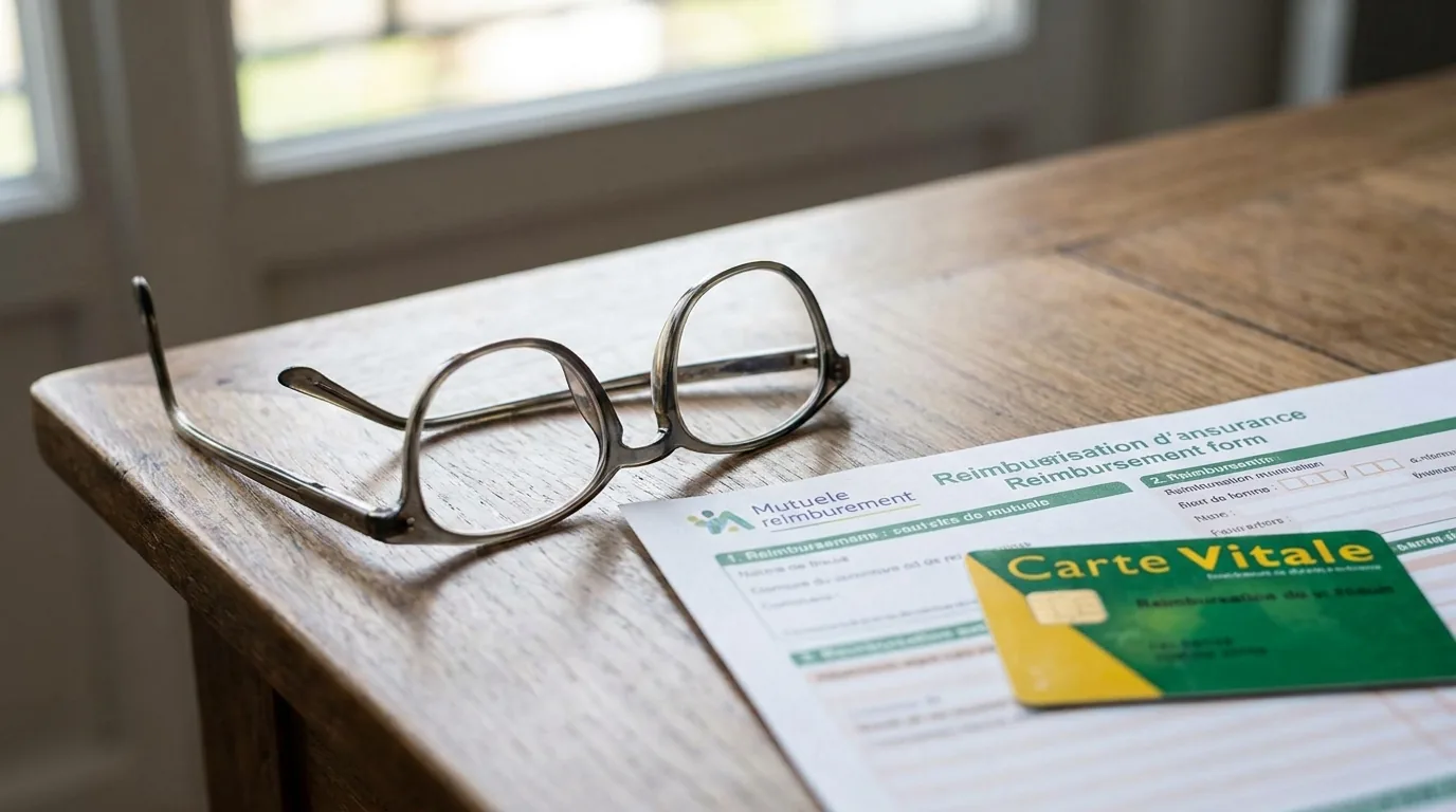 Monture de lunettes posée à côté d'une feuille de remboursement mutuelle et d'une carte Vitale