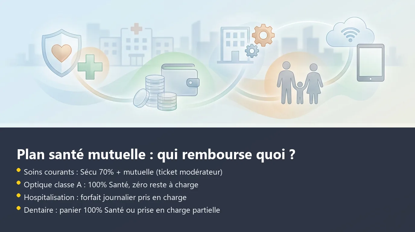 Plan santé mutuelle : qui rembourse quoi ? Schéma des quatre postes de remboursement d'un plan santé mutuelle et le rôle de la Sécurité sociale