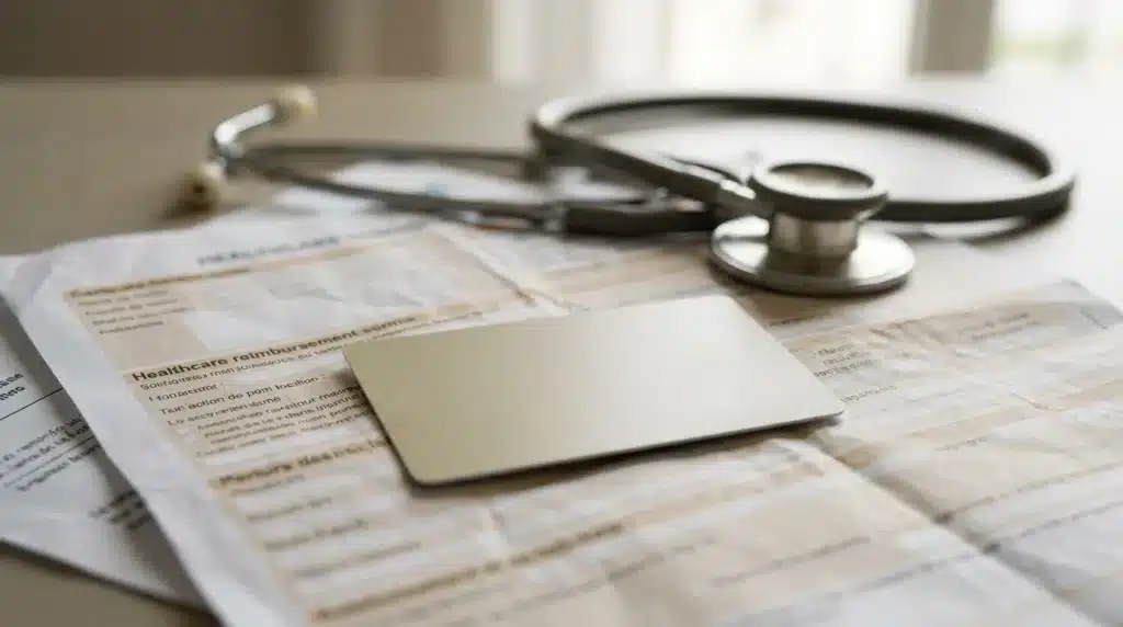Carte de mutuelle posée sur des documents de remboursement santé avec un stéthoscope en arrière-plan