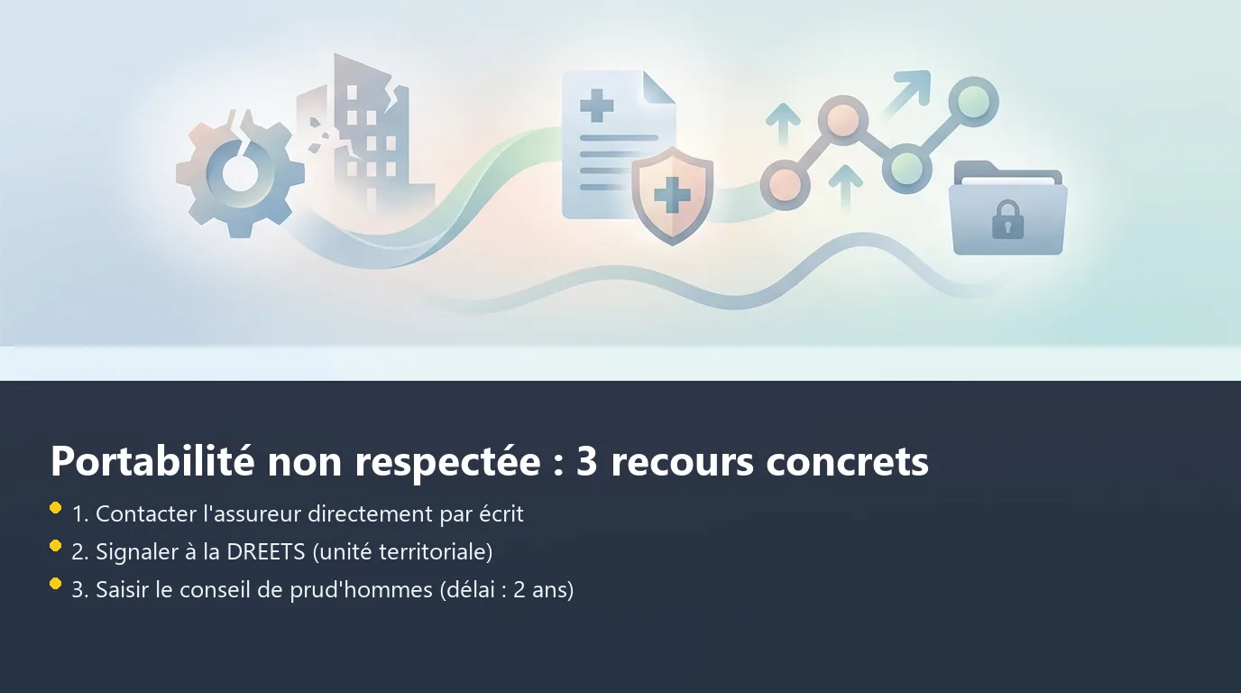 Infographie des trois recours pour faire valoir son droit à portabilité mutuelle face à un employeur défaillant