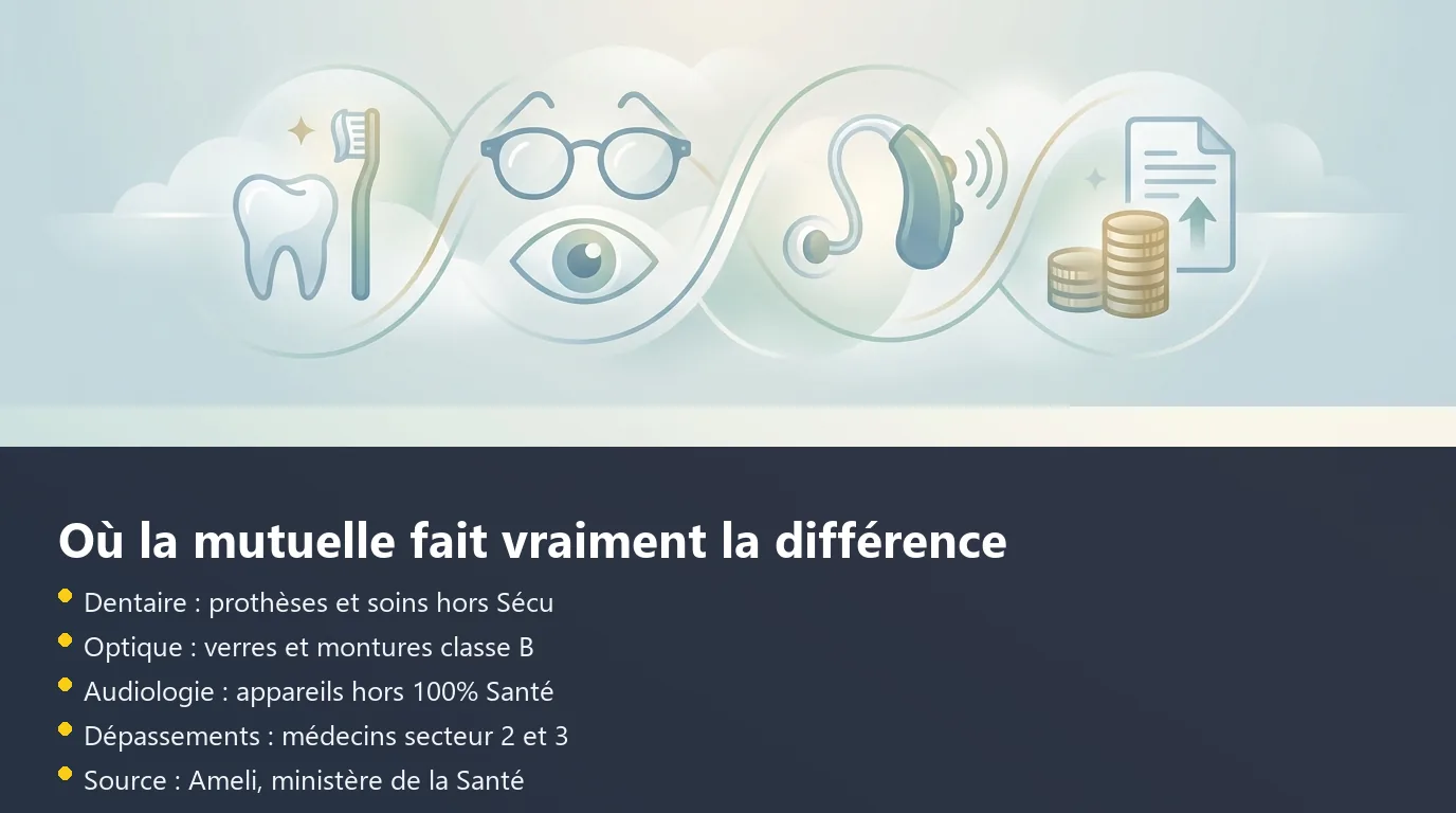 Infographie des quatre postes de dépense couverts par une mutuelle santé : dentaire, optique, audiologie, dépassements d'honoraires
