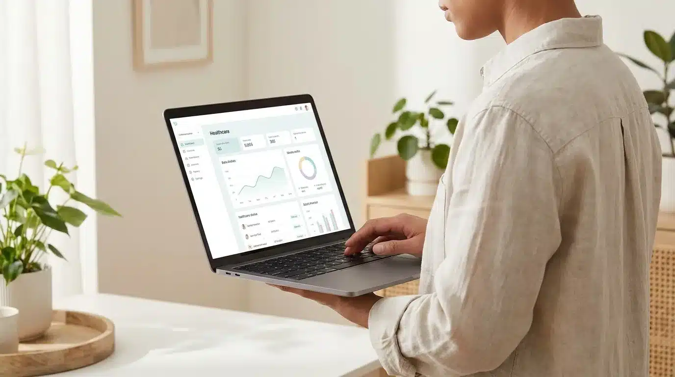 Personne consultant son espace client mutuelle sur un ordinateur portable, interface sobre