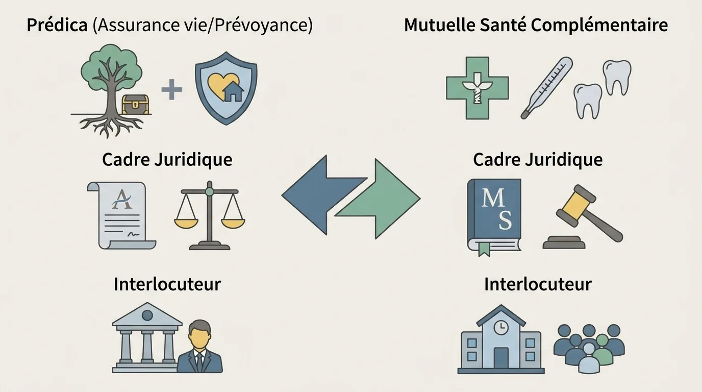 Prédica vs mutuelle santé : différences clés Schéma comparatif entre Prédica assurance vie et une mutuelle santé complémentaire, avec produits et cadre juridique